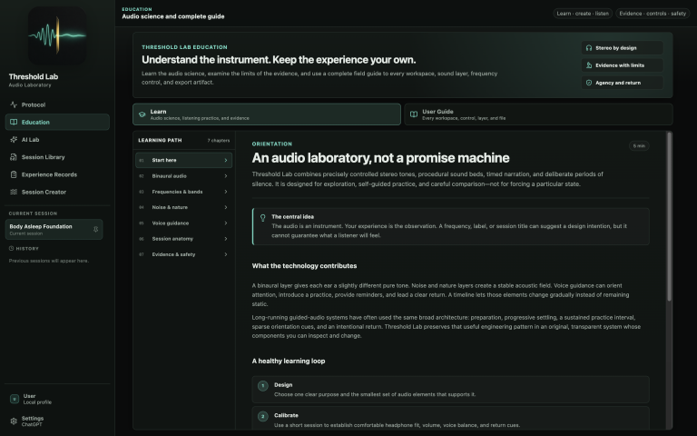Threshold Lab Education showing its audio-science learning path, evidence-aware orientation, and a worked binaural-frequency example.