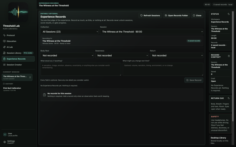 Threshold Lab Experience Records showing optional body-rest, awareness, return, and free-form observation fields with no saved personal record.