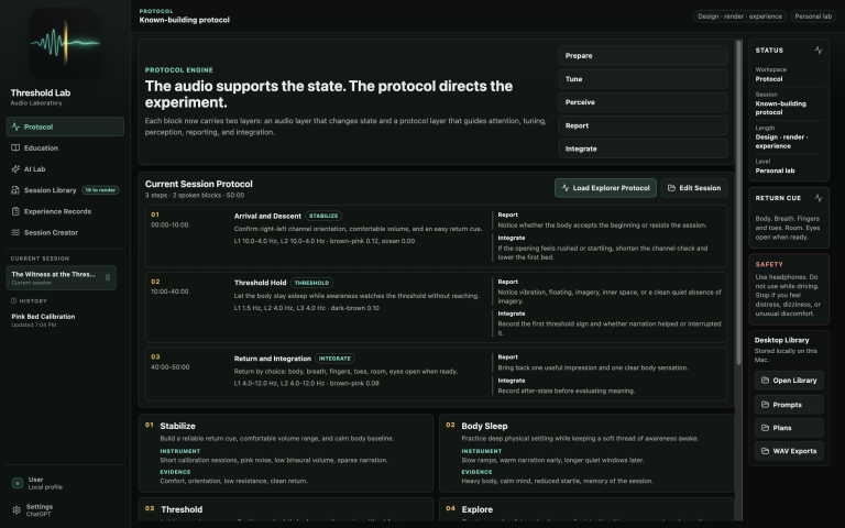 Threshold Lab Protocol showing the know-building audio protocol, current session steps, return cues, safety guidance, and desktop library controls.