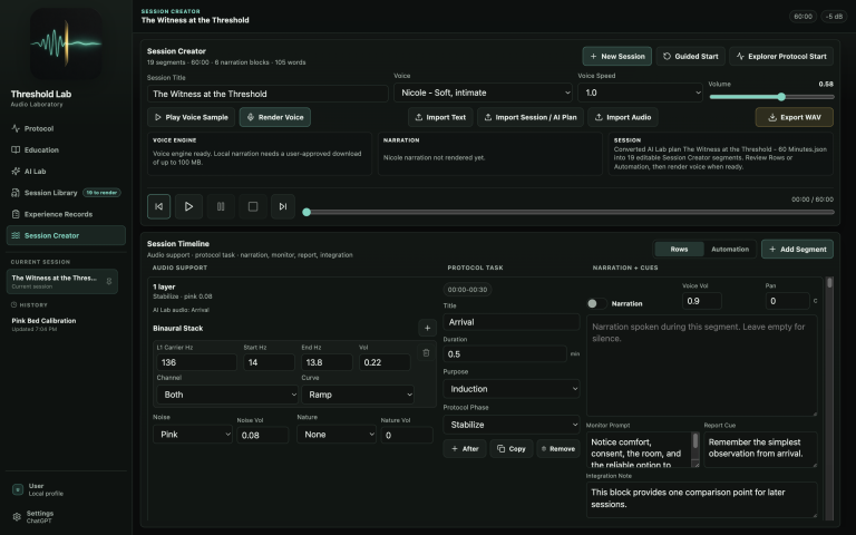 The full Threshold Lab Session Creator window showing voice controls, playback, and the editable Rows timeline across the expanded workspace.