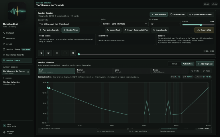 Threshold Lab Session Creator Automation showing the full editable beat-frequency graph for a 60-minute session without permanent numbered markers.